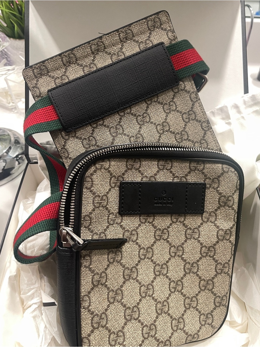 Gucci Beige GG Supreme Canvas Belt Bag with Green-Red Web Strap
